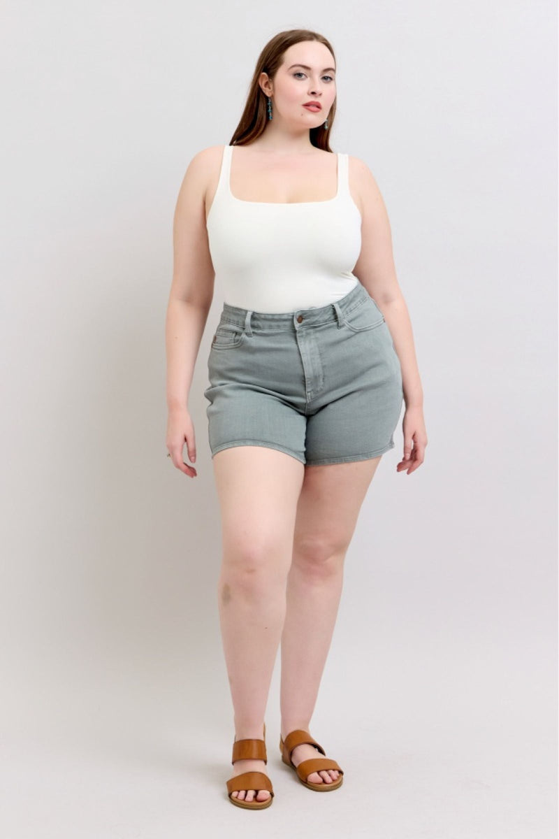 Judy Blue high waist garment dyed shorts with pocket embroidery, 5-inch inseam, worn by model.
