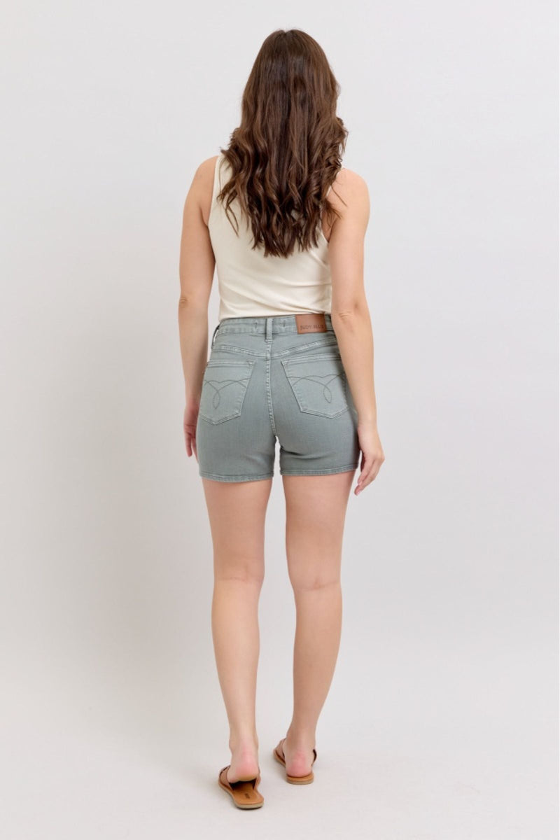 Judy Blue high waist garment dyed pocket embroidery shorts in cotton blend fabric