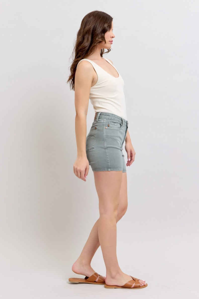 Judy Blue high waist pocket embroidery shorts in garment dyed fabric worn by model