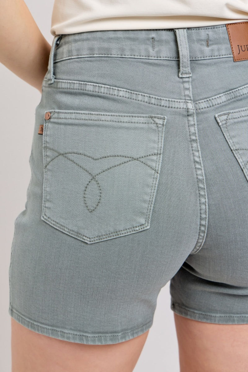 Judy Blue high waist garment dyed pocket embroidery shorts in blue denim with 5-inch inseam