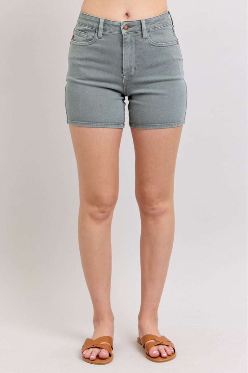 Judy Blue high waist garment dyed pocket embroidery shorts with 5" inseam in cotton blend fabric
