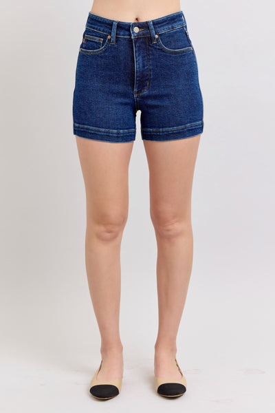 High waist Judy Blue Shorts in dark stretch denim with tummy control and 4.25-inch inseam.