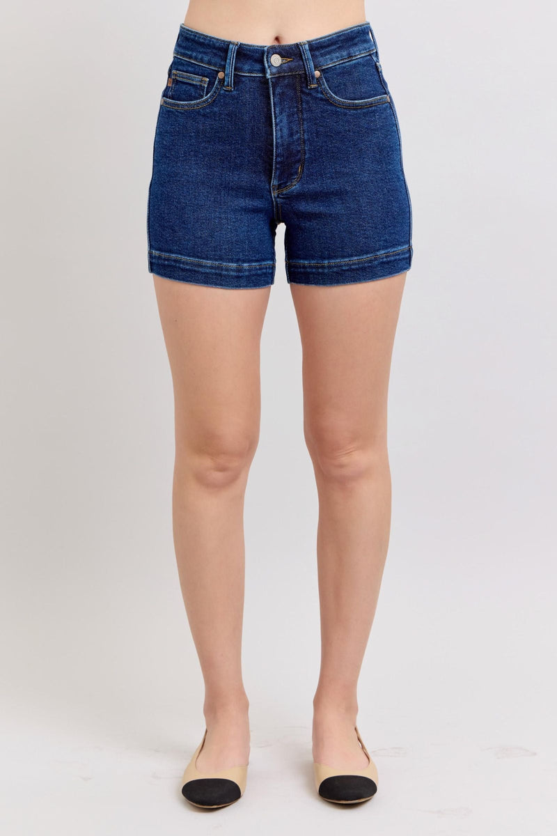 High waist Judy Blue Shorts in dark stretch denim with tummy control and 4.25-inch inseam.