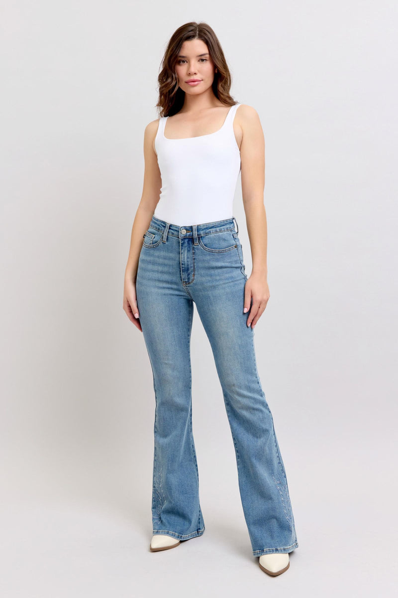 Judy Blue Jeans high waist western embroidery flare jeans front view