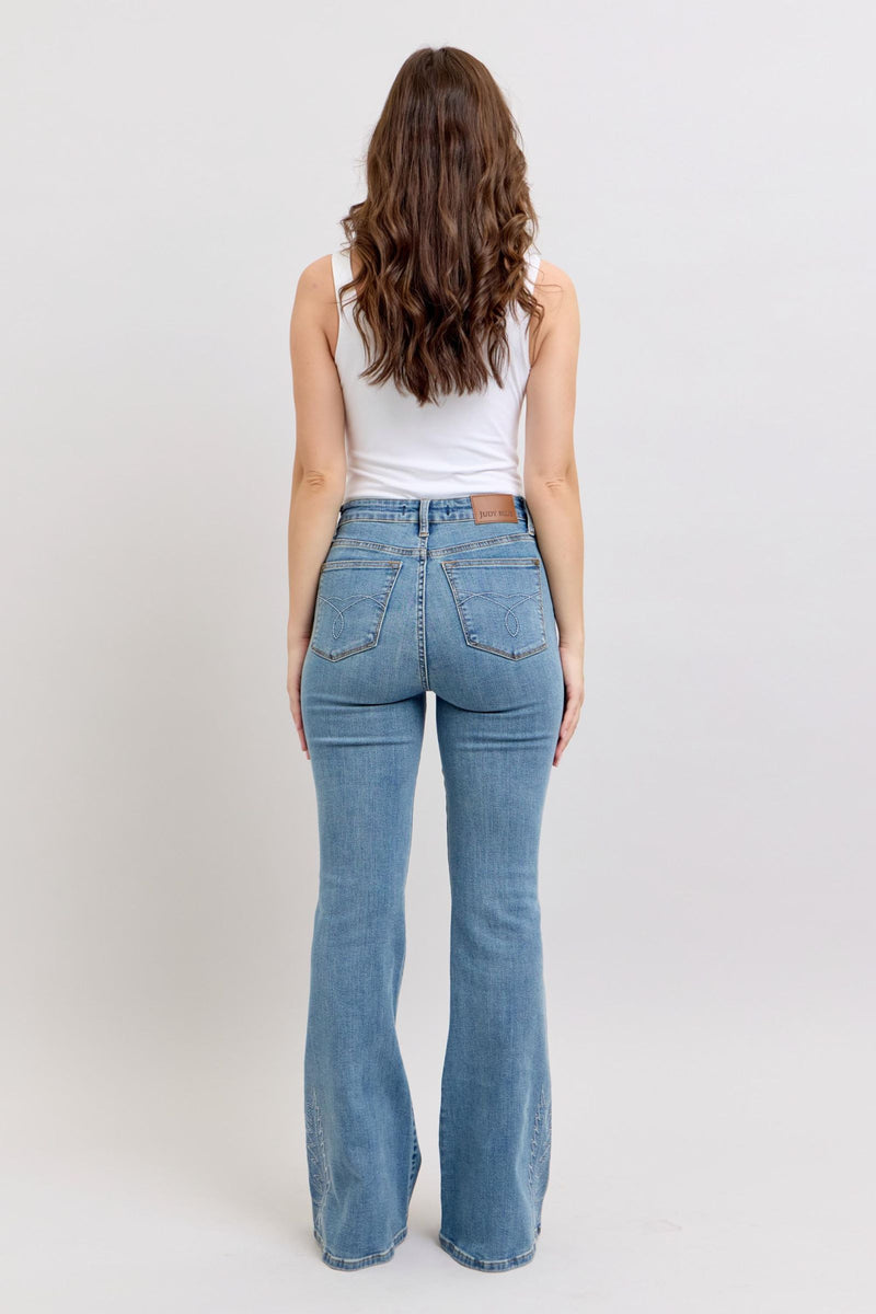 Judy Blue Jeans 88606 high waist western embroidery flare jeans with 10.75" front rise and 33.5" inseam