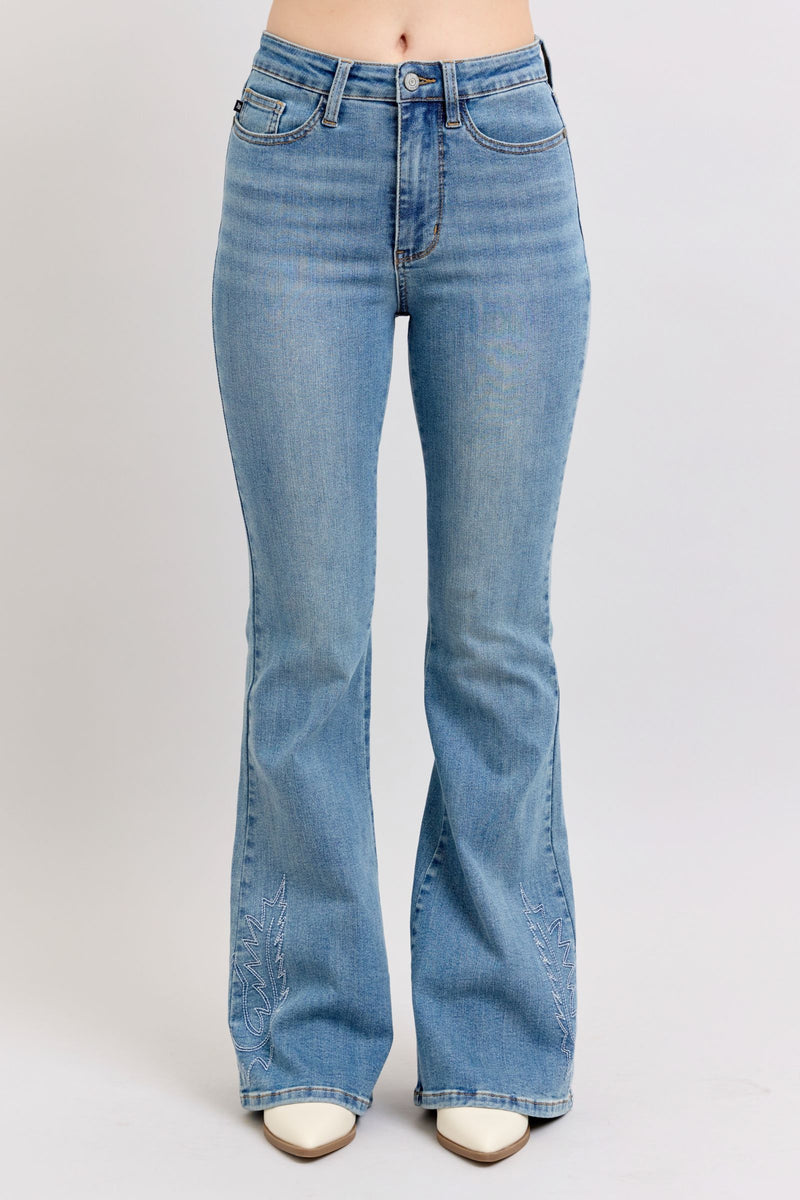 Judy Blue Jeans high waist western embroidered flare jeans front view on model