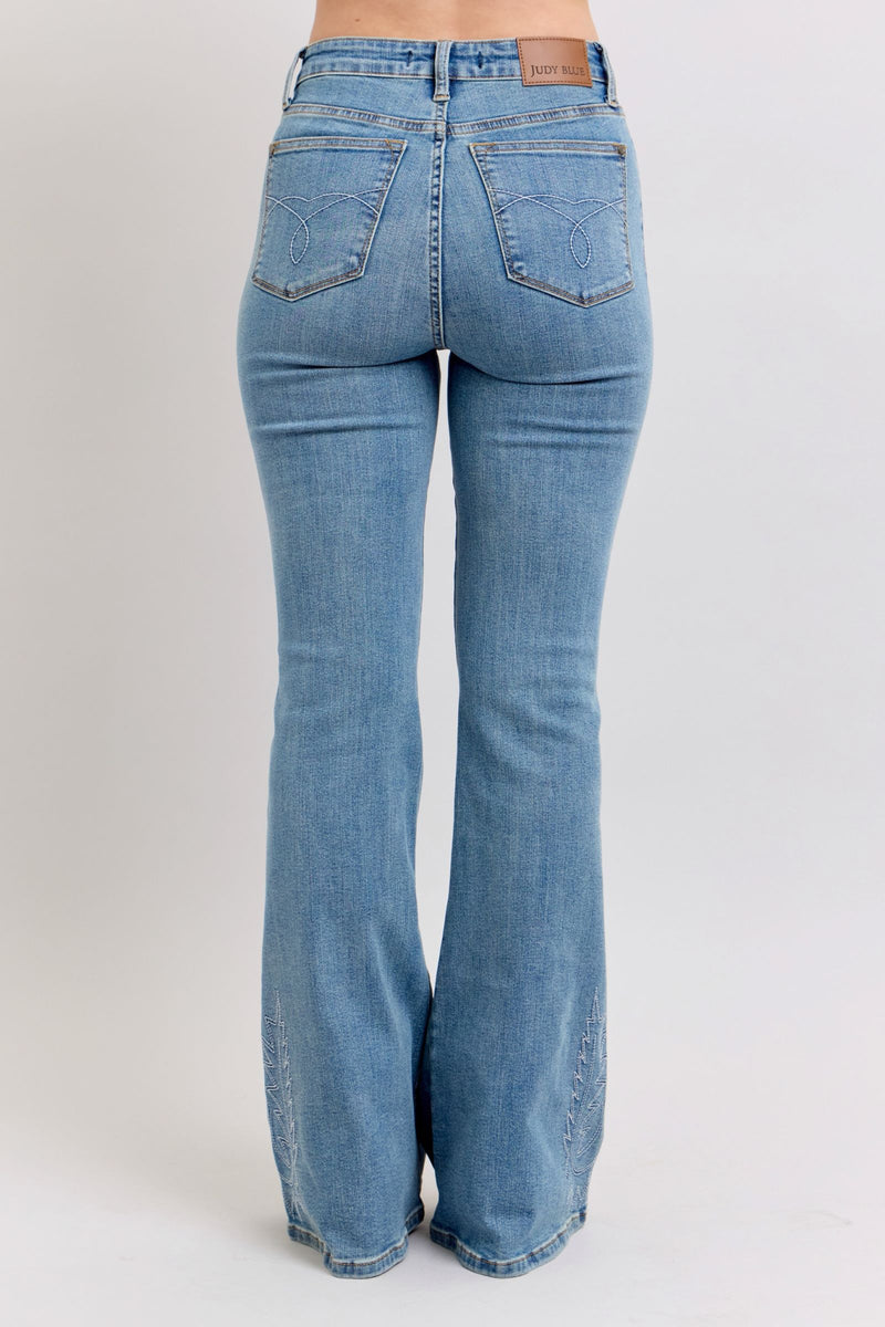 Judy Blue Jeans high waist western embroidery flare jeans with 33.5" inseam and 10.75" front rise