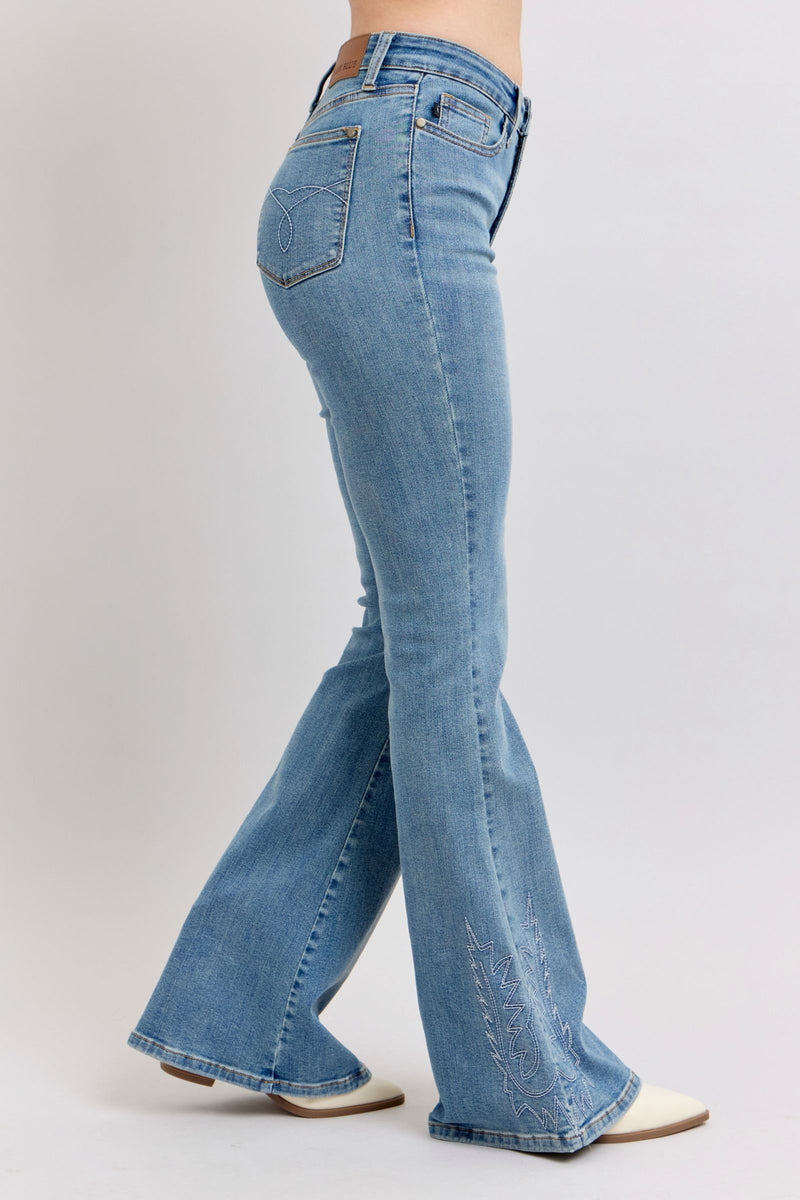 Judy Blue Jeans high waist western embroidery flare jeans front view on model