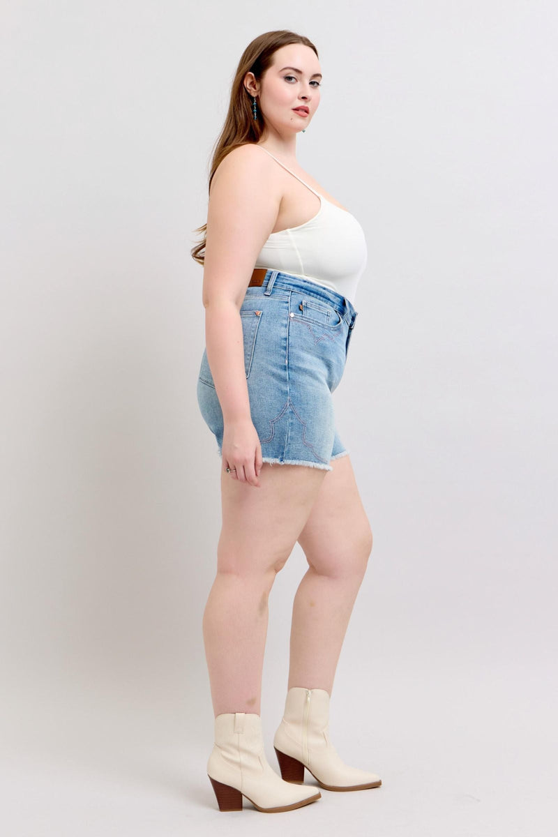 Judy Blue Shorts 150147 with high-rise fit and western embroidery.