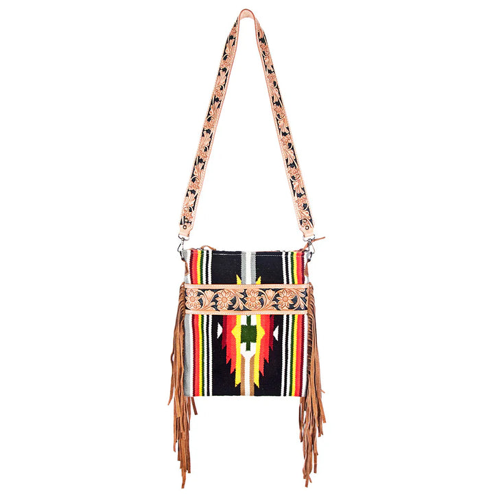 American Darling Messenger Bag ADBG298DAR1 in hand-tooled vegetable tanned leather with wool saddle blanket and leather fringes