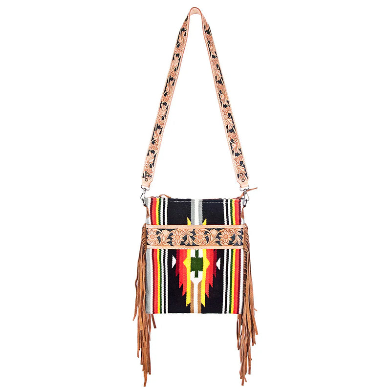 American Darling Messenger Bag ADBG298DAR1 in hand-tooled vegetable tanned leather with wool saddle blanket and leather fringes