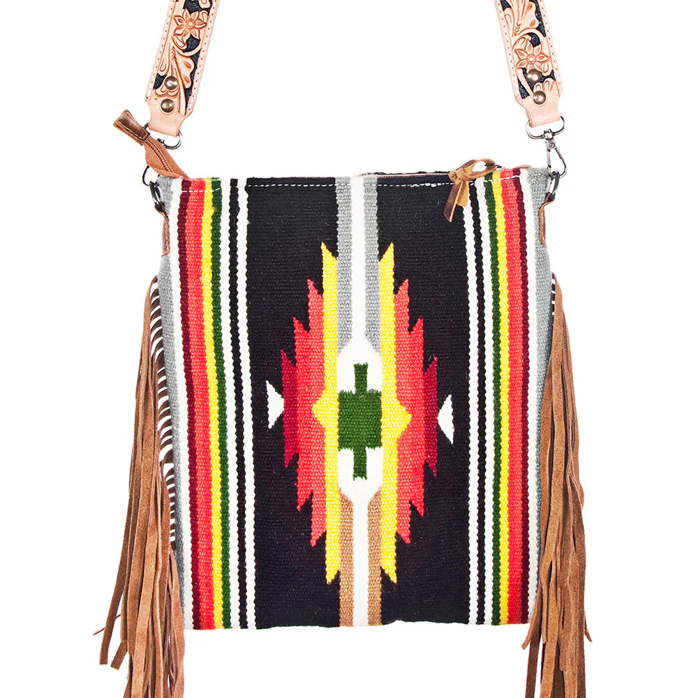American Darling Messenger Bag ADBG298DAR1 in hand-tooled vegetable tanned American cowhide leather with wool saddle blanket and leather fringes.