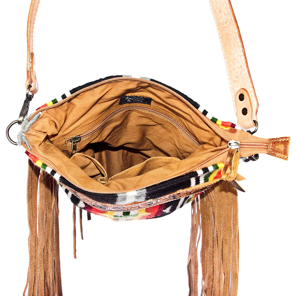 American Darling Messenger Bag ADBG298DAR1 handcrafted vegetable tanned cowhide leather with hand tooled design and wool saddle blanket