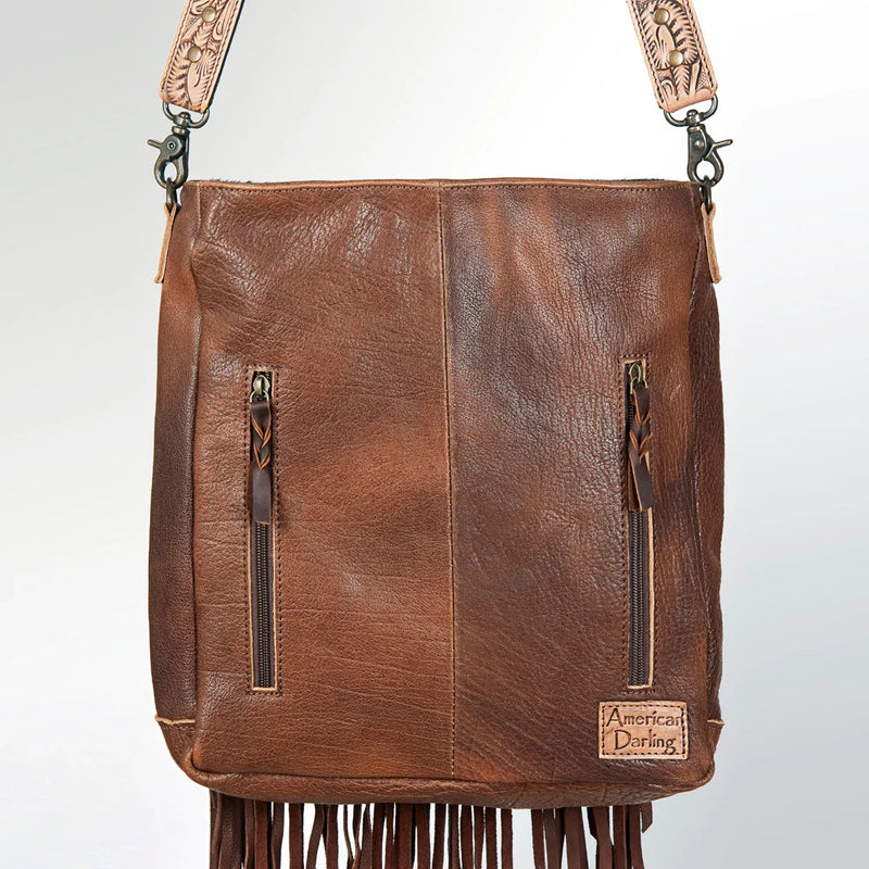 American Darling large brown full grain leather crossbody messenger bag with hand-tooled adjustable strap and western fringes ADBG380TAW
