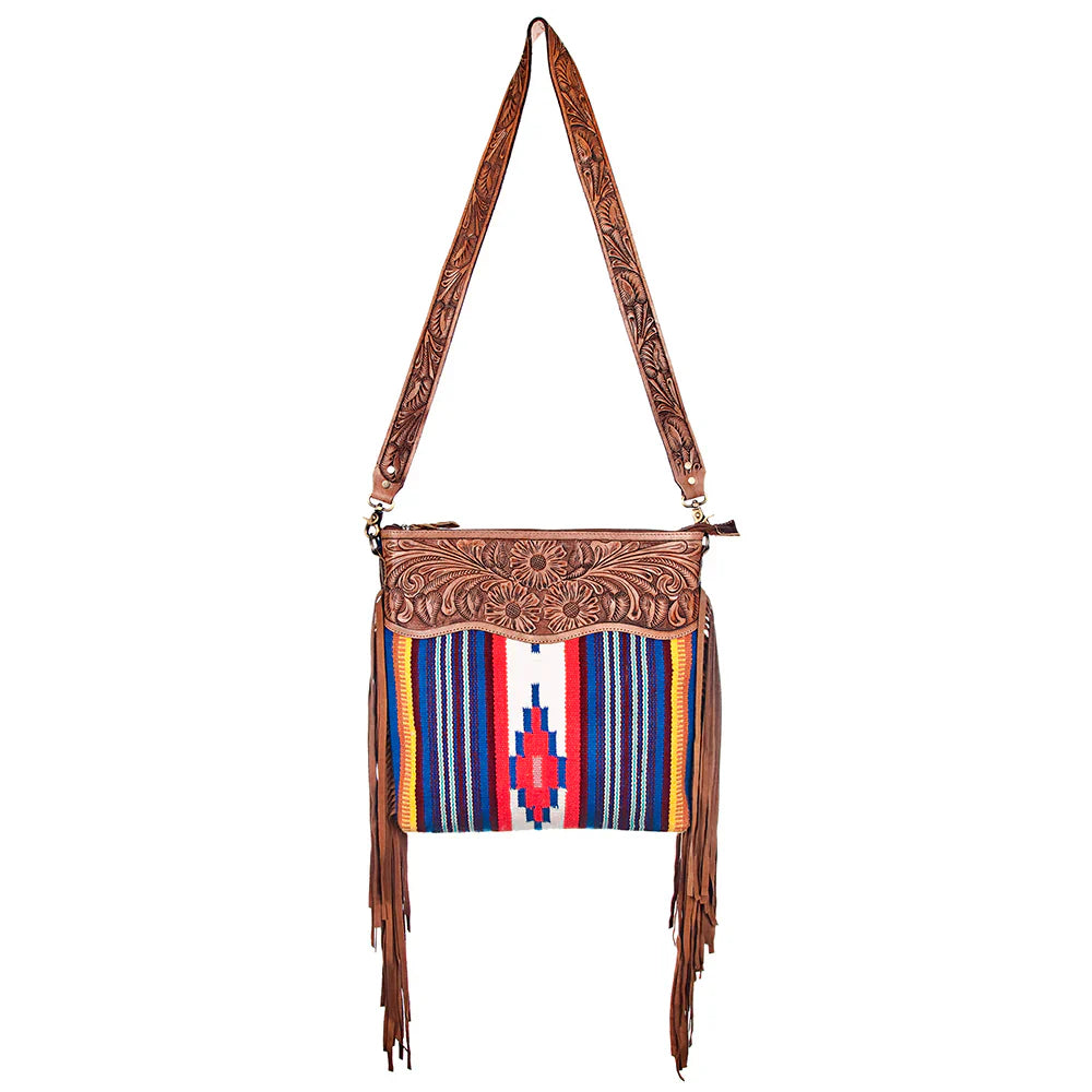 American Darling Large Crossbody Messenger Bag ADBG400 handcrafted vegetable tanned leather with handwoven wool blanket and leather fringes