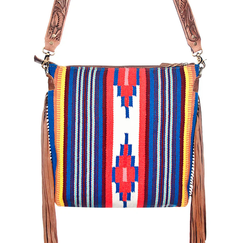 American Darling Retired Large Crossbody Messenger Bag ADBG400 with hand tooled leather strap, colorful woven wool blanket design, and leather fringes