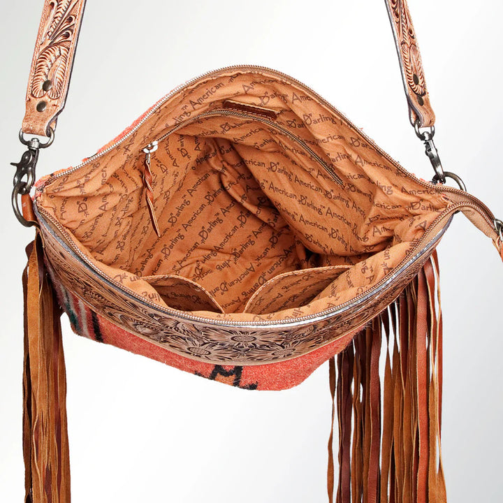 American Darling Large Crossbody ADBGZ103 with hand-tooled leather, wool saddle blanket, leather fringes, and YKK zipper closure viewed open