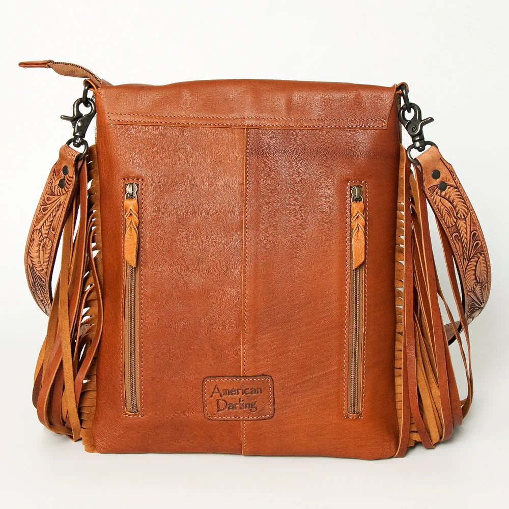 American Darling full grain leather crossbody messenger bag with fringes and tooled cowhide strap
