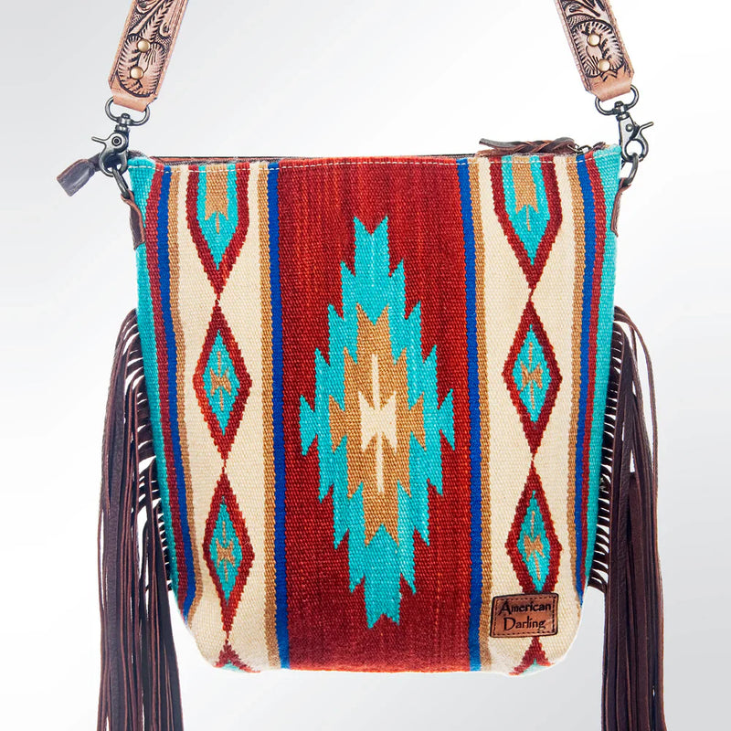 American Darling Large Crossbody Messenger Bag ADBG206DAR with hand-tooled cowhide leather, woven wool saddle blanket, leather fringes, and adjustable strap