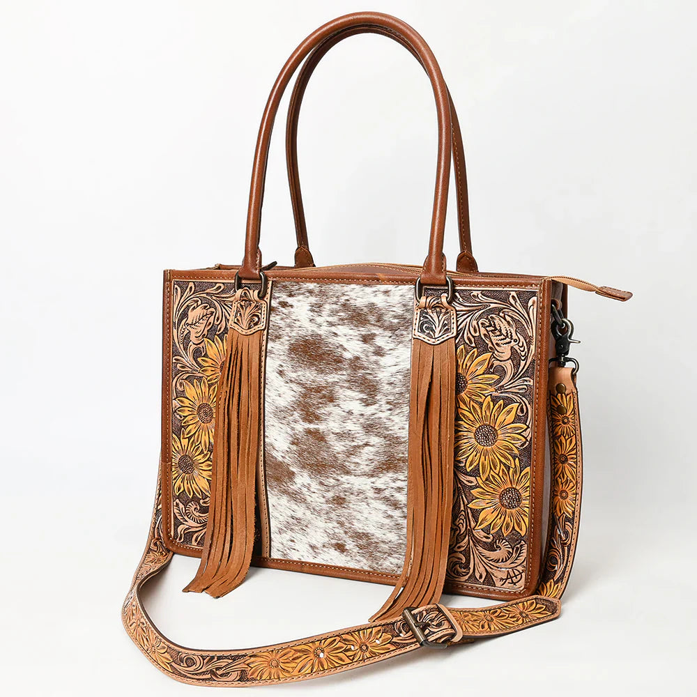 American Darling Tote Bag ADBG230TAWSUNF in hand-tooled tan leather with western fringe and adjustable straps.