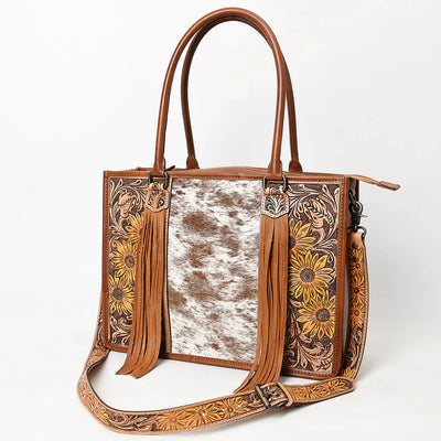 American Darling Tote Bag ADBG230TAWSUNF with hand tooled leather, western fringe design, and adjustable cowhide strap.