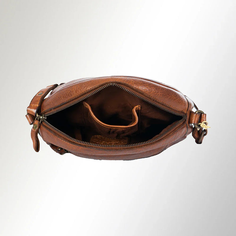 Spaghetti Western Crossbody Messenger Bag SWC167CG made from premium leather, open top view.
