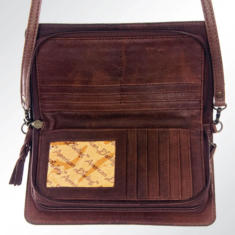 American Darling ADBG544 brown genuine full grain leather crossbody wallet with adjustable strap and card slots