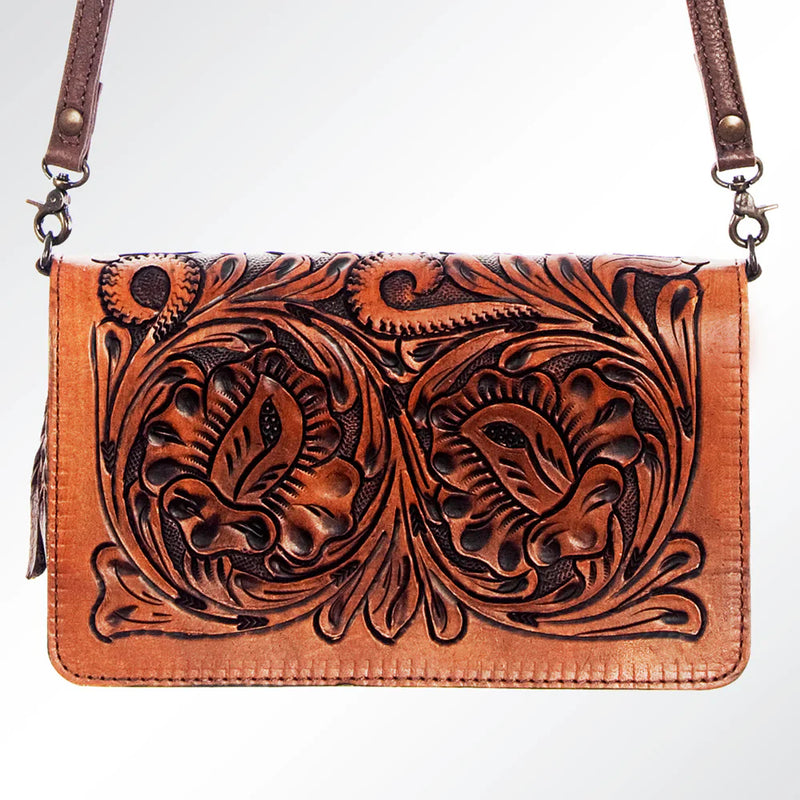 American Darling hand-tooled leather crossbody wallet with floral carving and adjustable strap