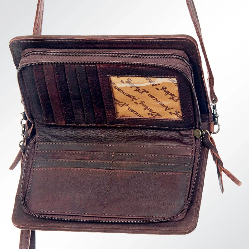 American Darling crossbody wallet ADBG485H with genuine leather, wool saddle blanket detail, adjustable strap, and multiple card slots and zipper compartments.