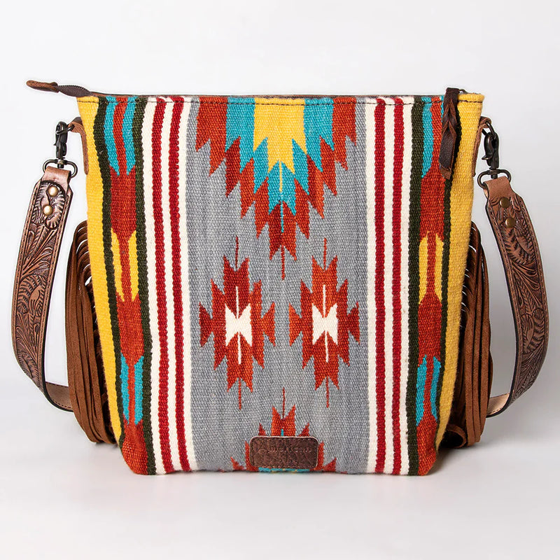 American Darling Large Crossbody Messenger Bag ADBG510D11 with hand-tooled leather and woven wool saddle blanket design