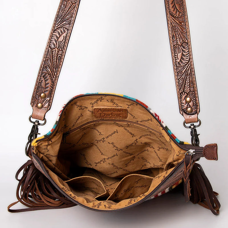 American Darling Large Crossbody Messenger Bag ADBG510D11 handcrafted vegetable tanned leather with hand tooled strap and wool saddle blanket lining