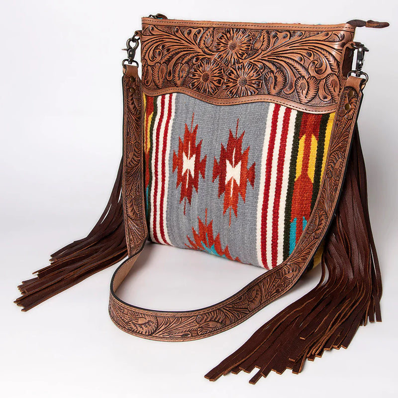 American Darling Large Crossbody Messenger Bag ADBG510D11 with hand-tooled leather, woven wool blanket, leather fringes, and adjustable strap