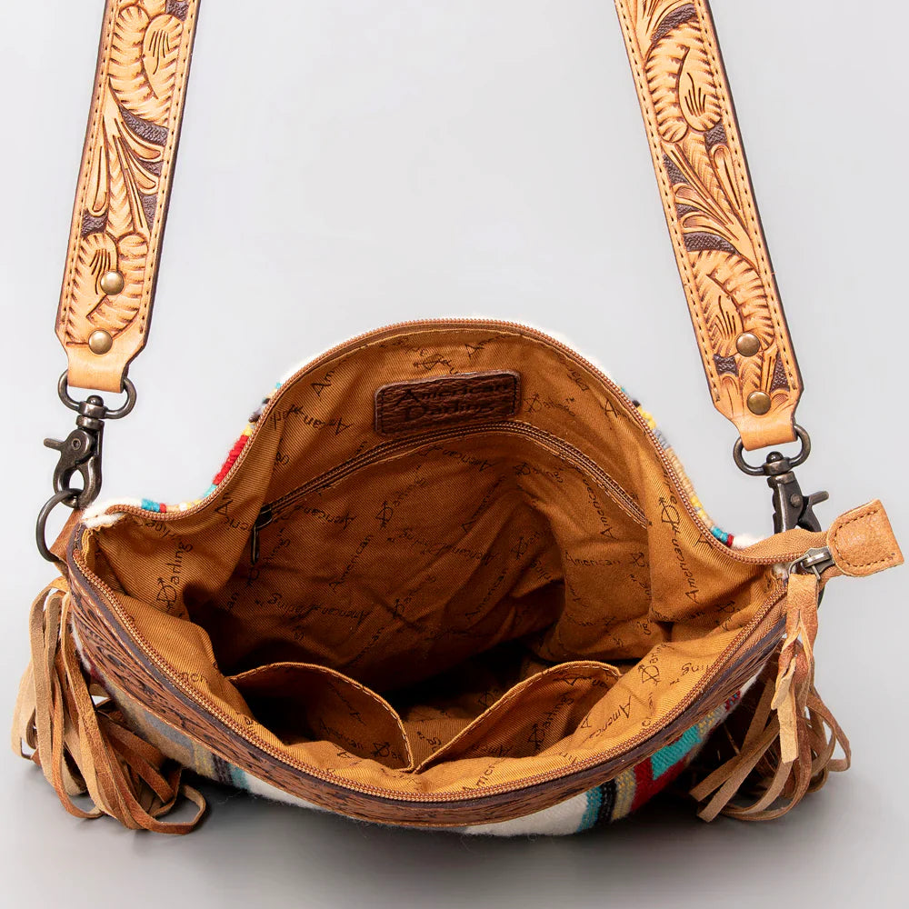 American Darling Large Crossbody Messenger Bag ADBG510TAND open showing hand-tooled leather strap, wool saddle blanket, leather fringe, and spacious interior with pockets