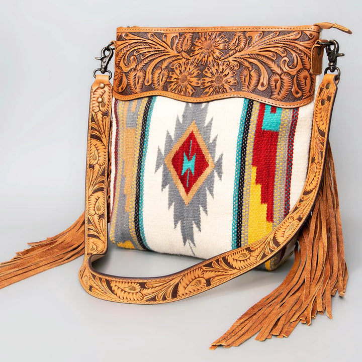 American Darling Large Crossbody Messenger Bag ADBG510TAND handcrafted full grain leather with woven wool blanket and leather fringes