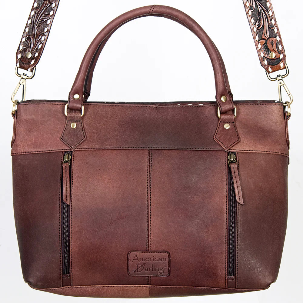 American Darling Tote handbag in brown leather with hand-tooled floral yoke and detachable shoulder strap