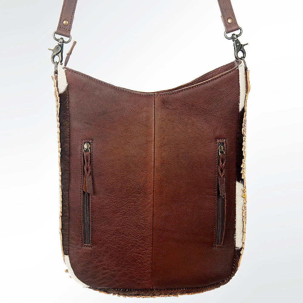 American Darling Large Crossbody Bag ADBG593 brown leather front with side cowhide and sunflower accents
