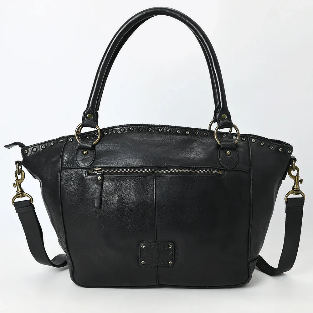 Spaghetti Western Tote Handbag SWC188BLK made from premium leather with metal accents.