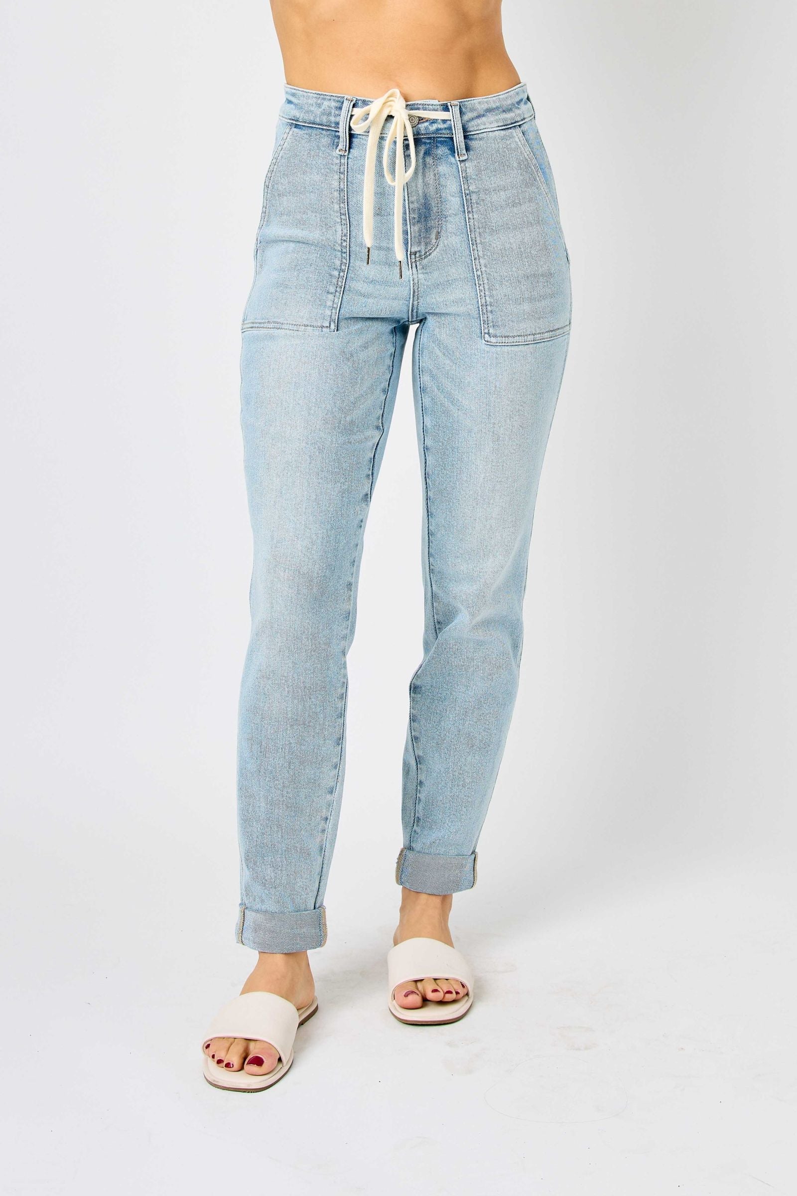 Judy Blue Jeans high waist vintage double-cuffed jogger in light denim with front pockets and drawstring waistband