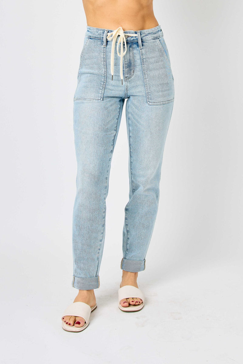 Judy Blue Jeans high waist vintage double-cuffed jogger in light denim with front pockets and drawstring waistband