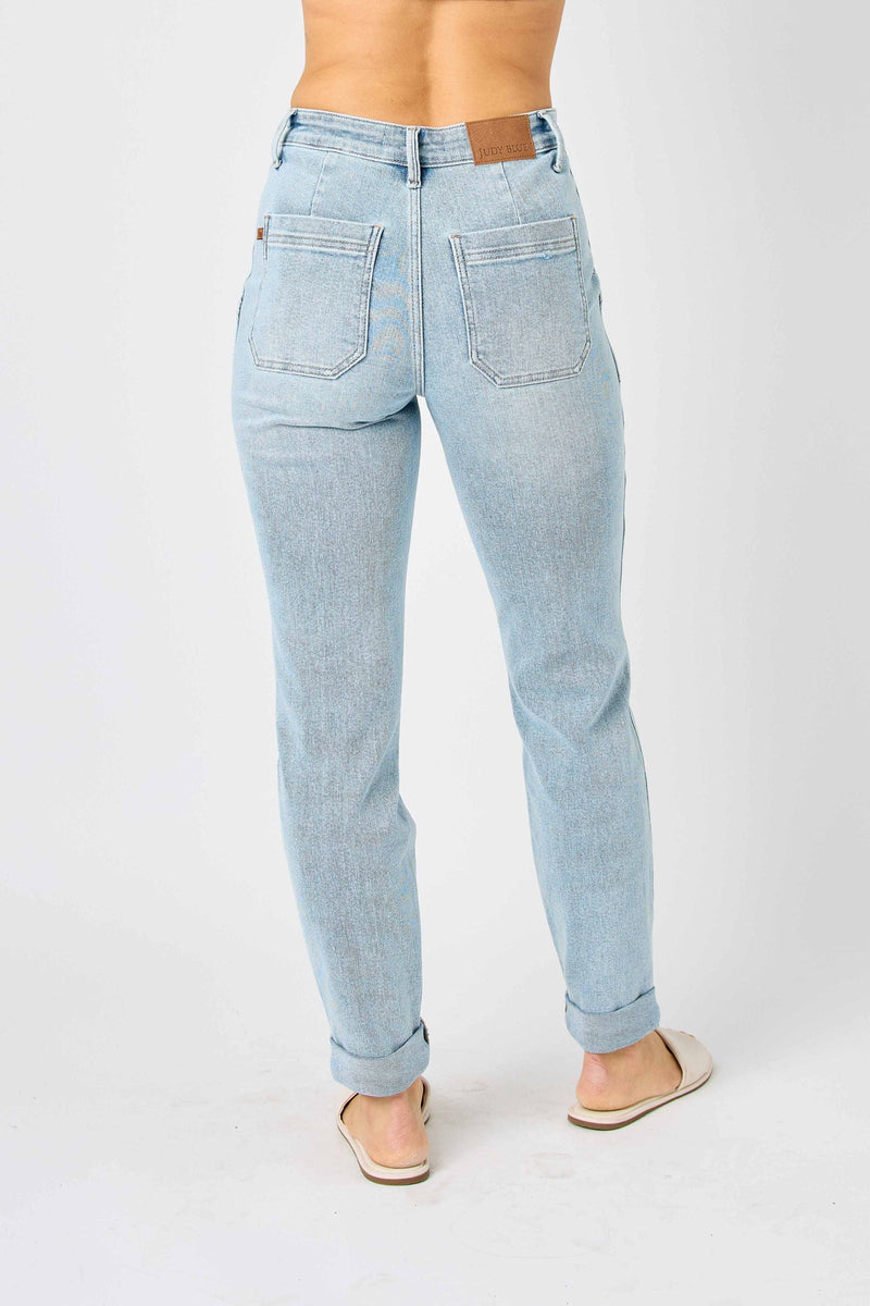 Back view of light wash high waist Judy Blue Jeans 88691 with double cuffed jogger style