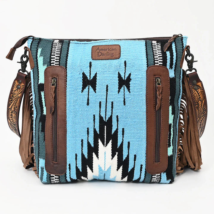 American Darling Large Crossbody Messenger Bag with hand-tooled leather, woven wool saddle blanket, leather fringes, and adjustable strap