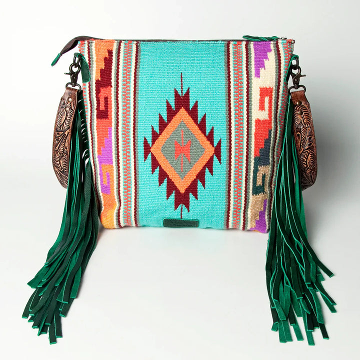 American Darling Large Crossbody Messenger Bag ADBGZ306I with hand-tooled leather, woven wool saddle blanket, and leather fringes in turquoise and multicolor design