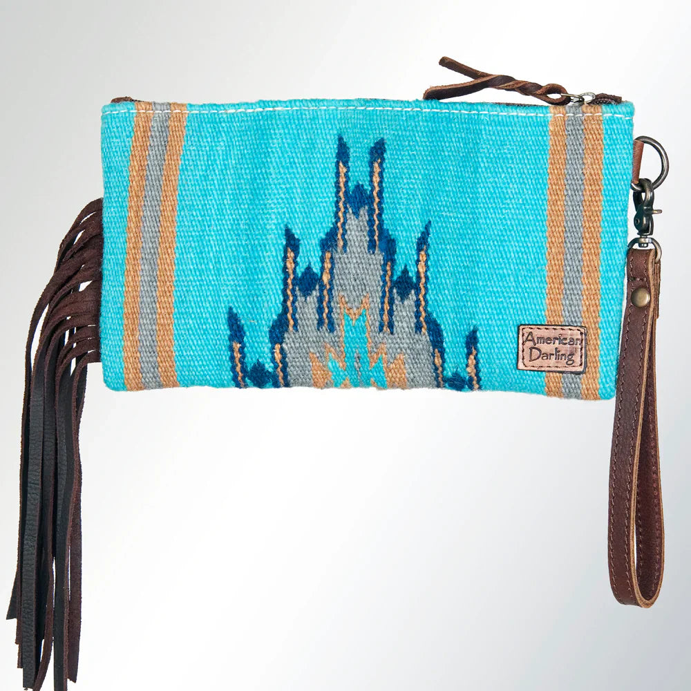 American Darling Wristlet Wallet ADBG344J with hand-tooled cowhide leather, woven wool saddle blanket, leather fringes, and YKK zipper closure