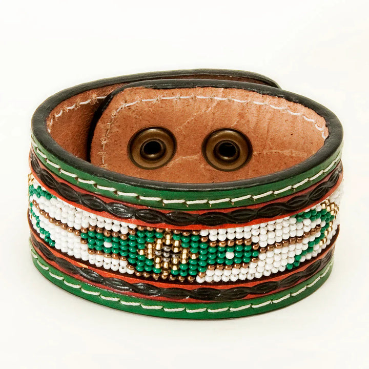 American Darling Bracelet ADBRF139 leather cuff with green, gold, white beadwork and dual snap closure