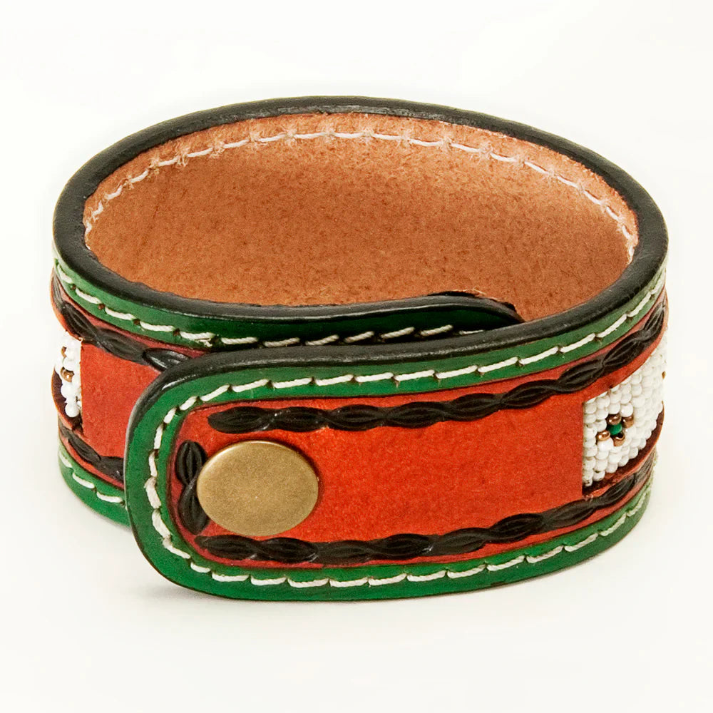 American Darling Bracelet ADBRF139 handcrafted saddle tan leather cuff with green, gold, white beadwork and snap closure