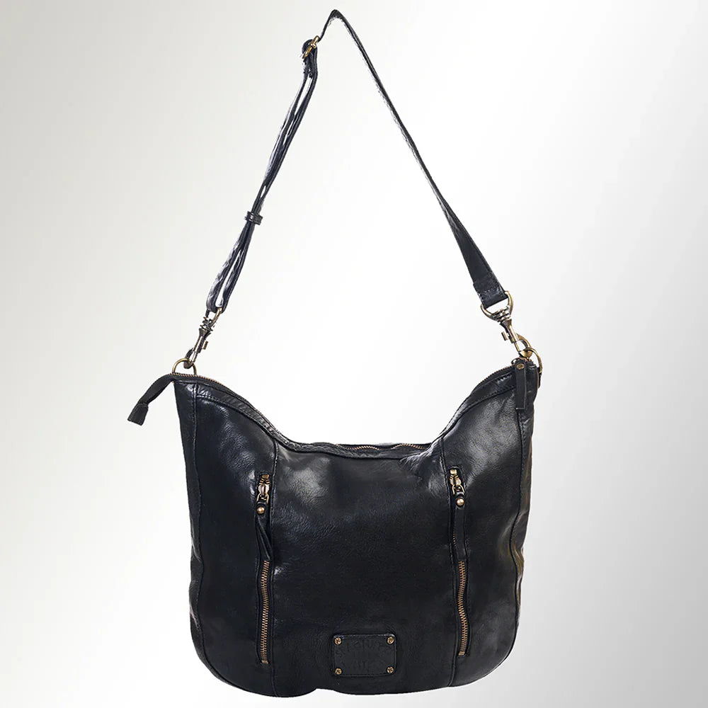 Premium full grain leather hobo bag with adjustable strap, antique metal fittings, and YKK zipper, Spaghetti Western Crossbody Messenger Bag SWC143BLK.
