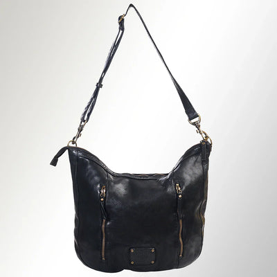 Premium full grain leather hobo bag with adjustable strap, antique metal fittings, and YKK zipper, Spaghetti Western Crossbody Messenger Bag SWC143BLK.
