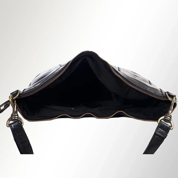 Premium full grain leather Spaghetti Western Hobo Bag SWC143BLK with adjustable shoulder strap and durable Antique metal fittings.