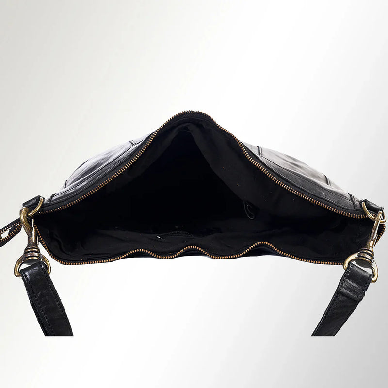 Premium full grain leather Spaghetti Western Hobo Bag SWC143BLK with adjustable shoulder strap and durable Antique metal fittings.