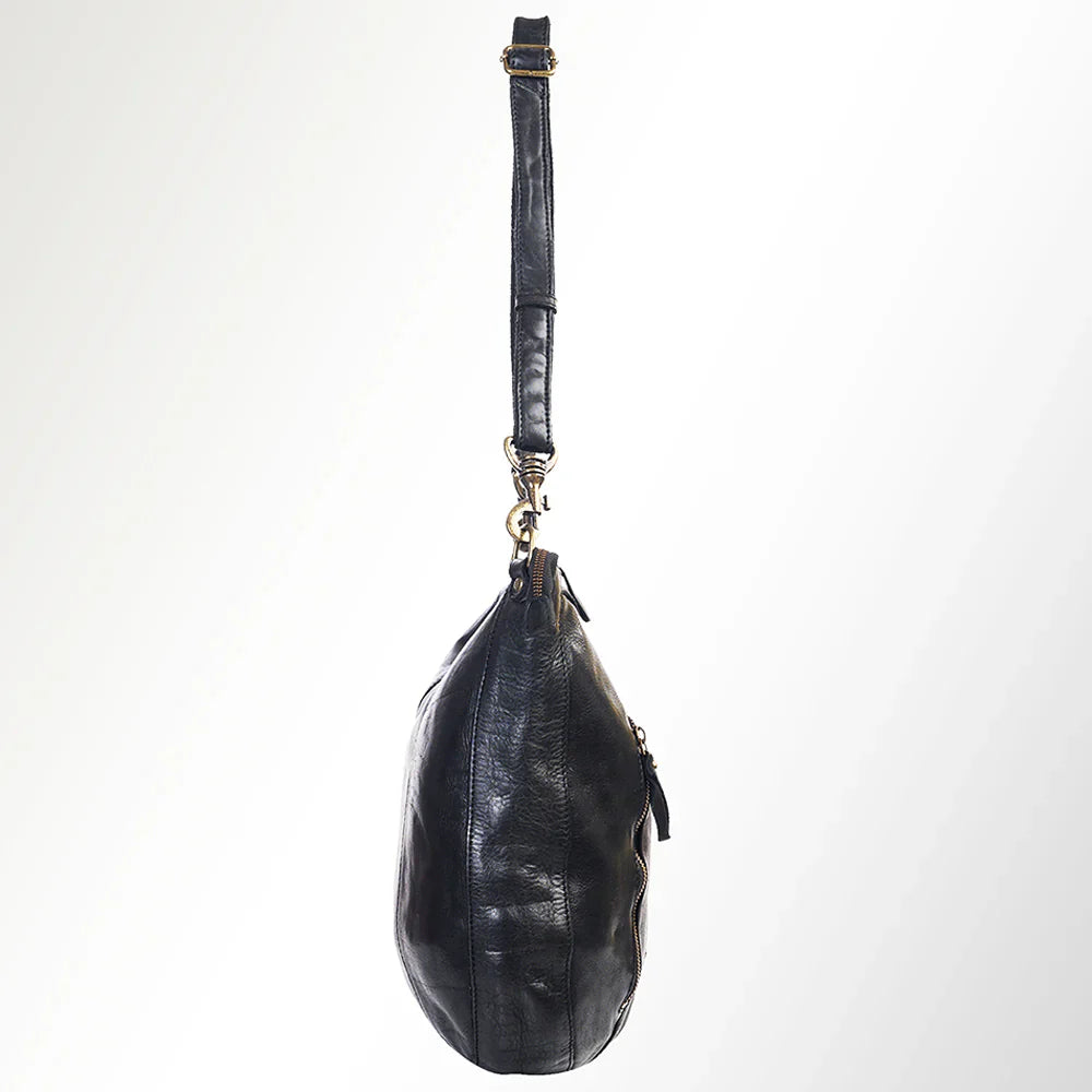 Premium full grain leather Spaghetti Western hobo bag with adjustable strap and durable antique metal fittings.